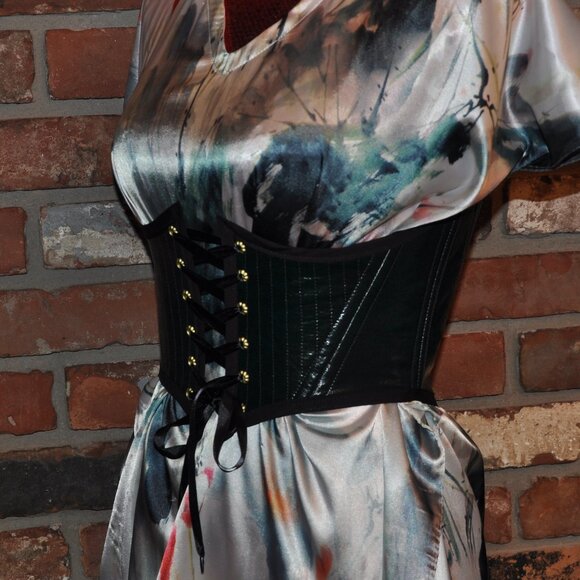 Back & Front Lace-up Corset Belt Dark Shiny Green Faux Leather W/ Boning XS - Picture 7 of 9